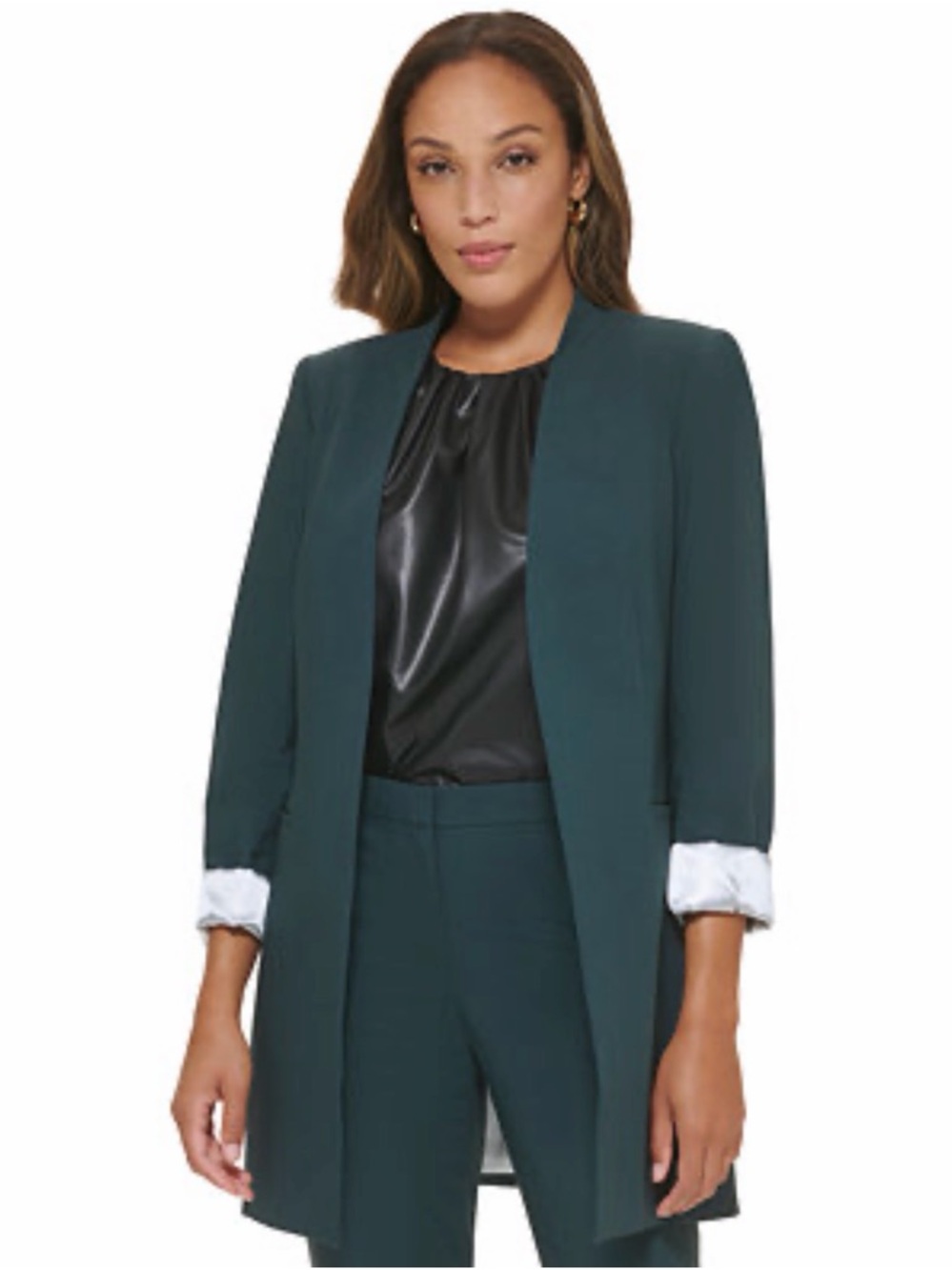 Calvin Klein Women’s Size 14 Green Oversized Rolled Cuff Blazer Open Front EUC